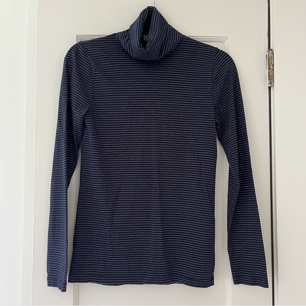 J Crew Tissue Turtleneck in Lurex Stripe in Navy | Size XS